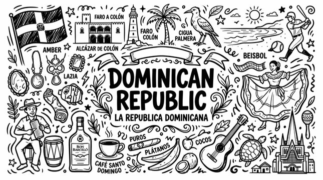 Dominican Republic Black and White Hand Drawn Travel Doodle Illustration