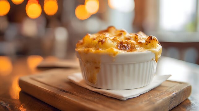 Freshly baked mac and cheese in ceramic ramekin on wooden board.
