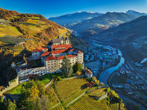 Aerial shot of Kloster S�ben in Klausen South Tyrol during autumn