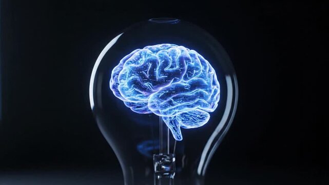 A glowing digital brain inside a clear glass light bulb