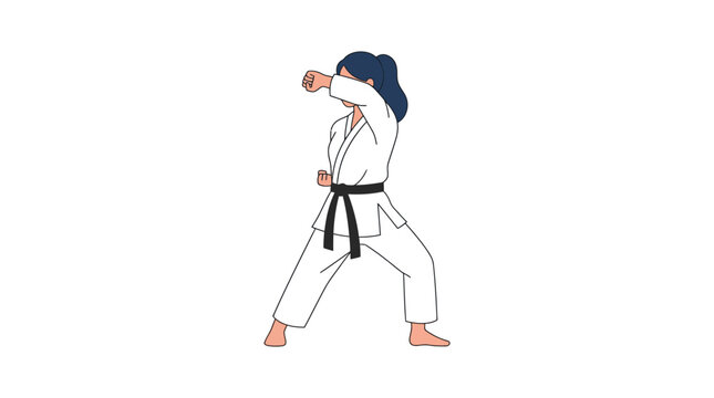 Karate Woman Vector Illustration, Female Martial Artist in Gi with Black Belt Performing Block and Punch
