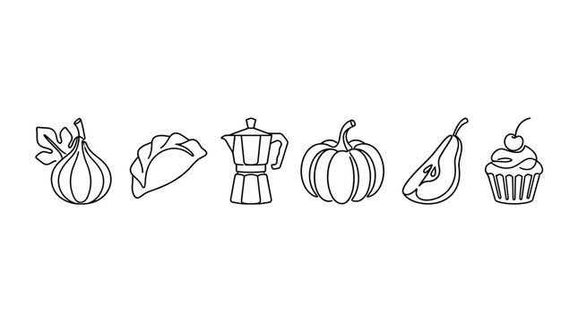Autumn Harvest Food Icons: Fig, Dumpling, Moka Pot, Pumpkin, Pear, Cupcake - Line Art