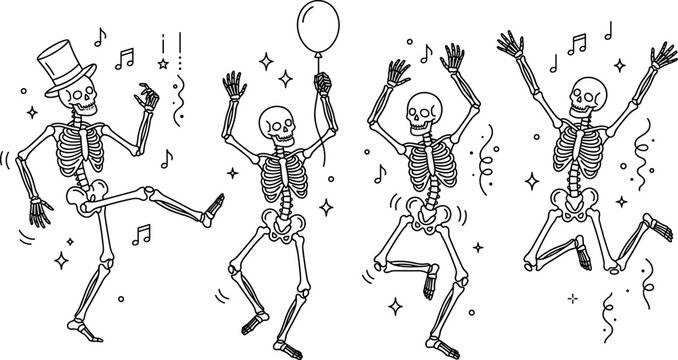 Set of dancing skeletons celebrating with music notes, confetti, and a balloon, vector illustration