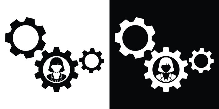 Female corporate employee icons inside integrated rotating gear cogs. Perfect for representing female workforce and staff synergy.