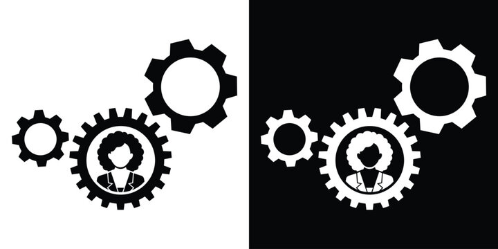 Female corporate employee icons inside integrated rotating gear cogs. Perfect for representing female workforce and staff synergy.
