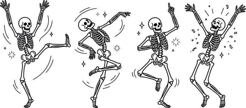 Set of dancing skeletons, funny cartoon characters, vector illustration