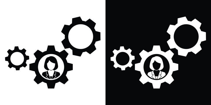Female corporate employee icons inside integrated rotating gear cogs. Perfect for representing female workforce and staff synergy.