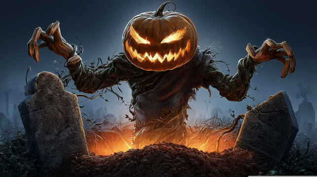 Terrifying Halloween pumpkin scarecrow rising from haunted graveyard under full moon in dark spooky horror scene	