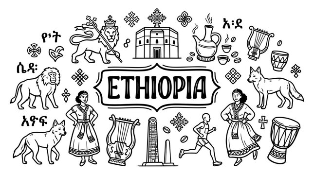 Ethiopia Land of Origins Black and White Hand Drawn Doodle Illustration