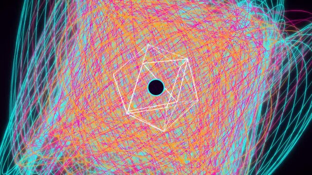 Abstract geometric tunnel animation, vibrant neon light trails, futuristic digital art background, dynamic motion graphics loop, technology and data visualization concept