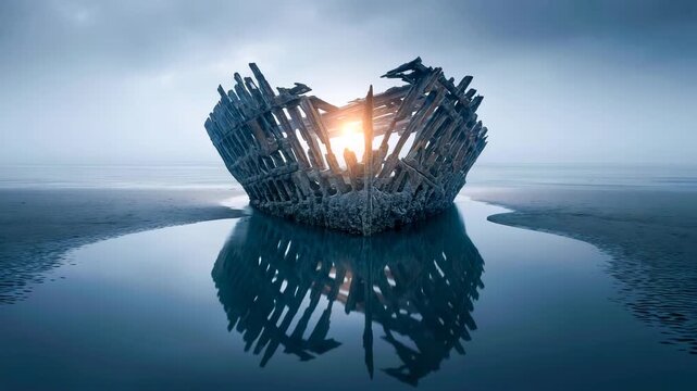 Old Shipwreck Ribs in Wet Sand at Low Tide with Sea Fog