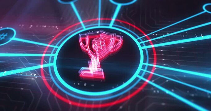 Trophy gaming esports competition award symbol digital concept. Cyber technology and computer network background abstract 3d animation.