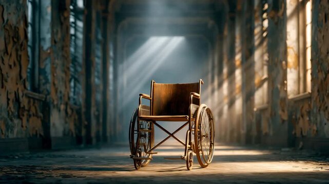 Abandoned Hospital Corridor with Empty Wheelchair and Peeling Paint