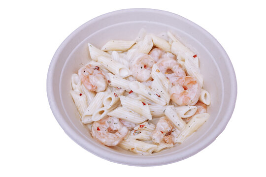 Creamy Shrimp Penne Pasta with White Sauce in Bowl Top View Isolated on Transparent Background
