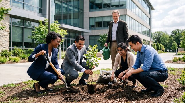 Diverse business team planting a tree outside modern office building promoting sustainability and teamwork