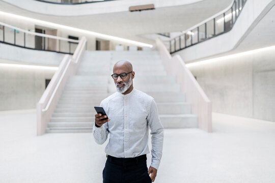 Portrait of mature businessman standing at foyer looking at cell phone