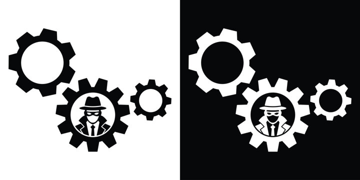 Incognito hacker or criminal avatars inside mechanical gear wheels vector icon. Symbol for cyber crime networks, dark web, and security breach.
