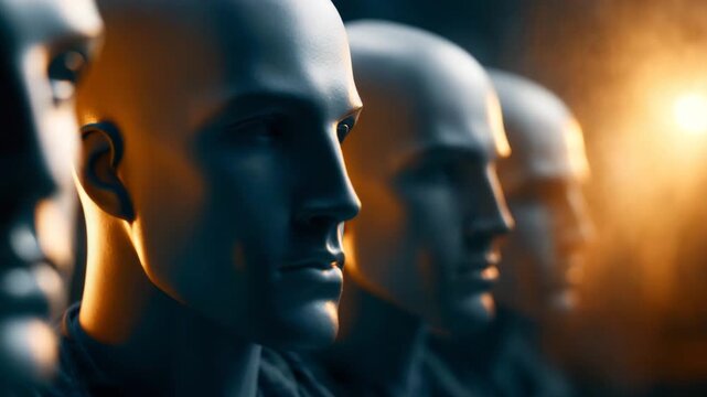 Bald Mannequins in Dark Department Store Window at Night