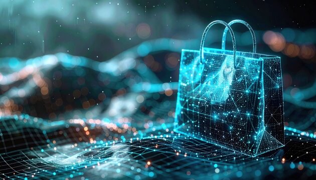 Digital wireframe shopping bag glowing in blue light over a terrain of data points and illuminated particles in a dark space