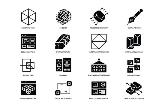 Set of 16 modern vector icons related to web design, wireframing, and digital architecture