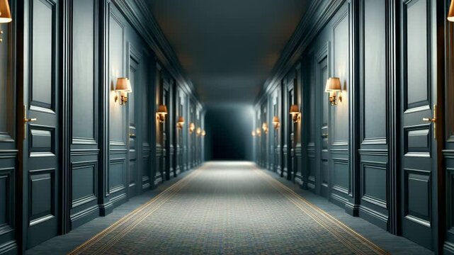 Old Hotel Corridor with Flickering Sconces Fading into Darkness