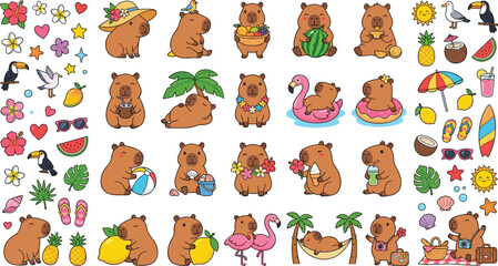 Fototapeta premium Cute Capybara Tropical Summer Vector Icon Set with Beach Vacation Elements, Pool Floats, and Exotic Fruits for Kids Patterns and Stickers