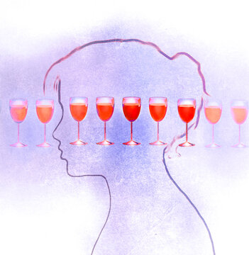 Illustration of woman profile with wine glasses showing addiction