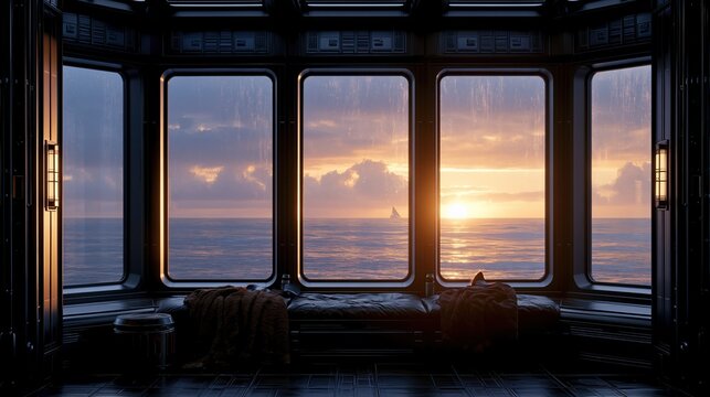 Luxury futuristic spaceship observation lounge with large panoramic windows overlooking calm ocean at warm sunset creating atmospheric sci fi interior space