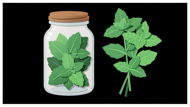 Herbal plant leaves in glass jar with wooden lid for natural remedies and organic skincare
