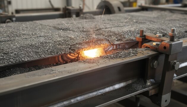 Close view of submerged arc welding process on heavyduty steel frames with jig fixtures securing the wheel loader structure for accuracy.
