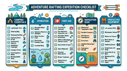 Naklejka premium Adventure Rafting Expedition Checklist Infographic Guide.