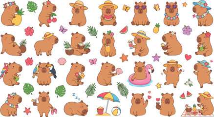 Obraz premium Cute Capybara Summer Resort Vector Collection featuring Tropical Drinks, Beach Elements, and Exotic Birds for Kids Apparel, Stickers, and Holiday 