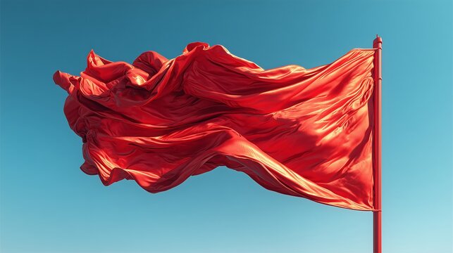 Plain red flag waving gracefully in the wind against a clear blue sky with vibrant fabric, ideal for patriotism, symbolism, events, backgrounds, and design concepts.