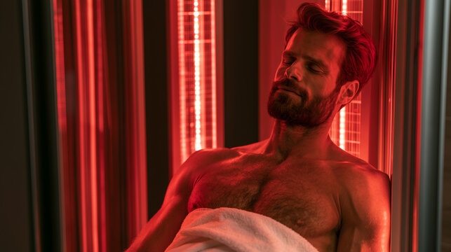 Relaxed man enjoying red light therapy session for muscle recovery wellness and modern biohacking treatment