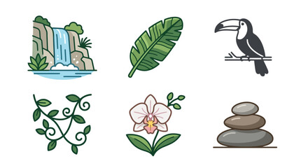 Tropical Nature Icons: Waterfall, Toucan, Orchid, Leaf, Vines, Zen Stones © anshel