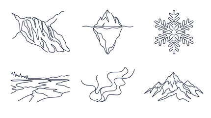 Hand-drawn winter icons: iceberg, snowflake, mountains, ice, snow, cold weather elements © anshel