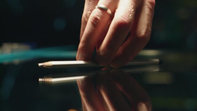 Hand lowers toward sharpened pencil resting on glossy dark surface, creating mirrored reflection below while warm highlights, soft teal blur, and moody studio light shape calm creative tension
