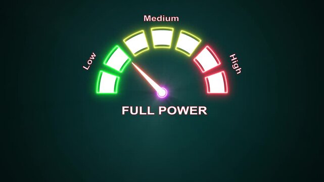 Full power gauge on dashboard moving from low to high neon lights.