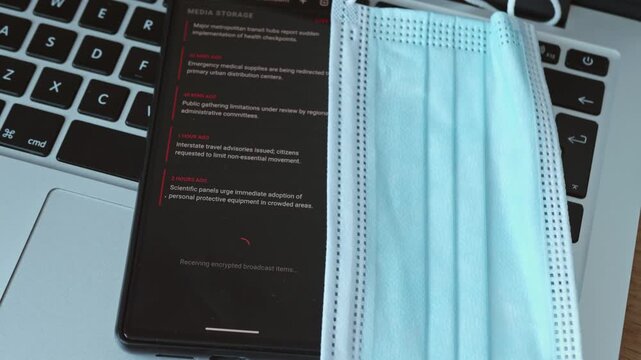 Close up of a smartphone screen with virus mutation alerts and a blue surgical face mask on a laptop.