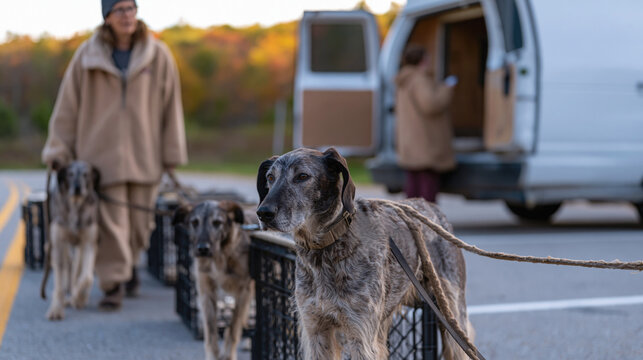 Fleece-wrapped rescue driver walks leashed hounds beside an open refrigerated transport van during an autumn highway rest stop, giving crated dogs a bathroom break.