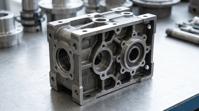 Compact gearbox housing casting in a medium shot focusing on intricate machining details and spaceefficient design for industrial gear reducers.