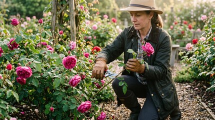 Fototapeta premium Woman gardener wearing a hat and gloves prunes pink roses in a lush garden during golden hour