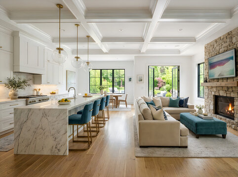 Modern luxury living room and kitchen interior with marble island and fireplace