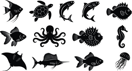 Sea creature and marine animal silhouette vector icon set featuring fish turtle octopus stingray and jellyfish designs © Shukimon