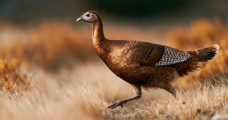 Fototapeta premium Copper-toned turkey walking in a sunlit golden meadow, highlighting autumn textures and a festive harvest atmosphere.