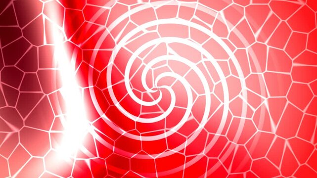 Red and white abstract spiral motion background with glowing mosaic pattern