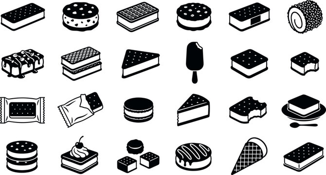 Set of ice cream icons, vector illustration of various frozen desserts and ice cream sandwiches