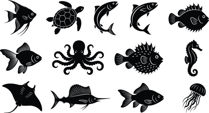 Sea creature and marine animal silhouette vector icon set featuring fish turtle octopus stingray and jellyfish designs