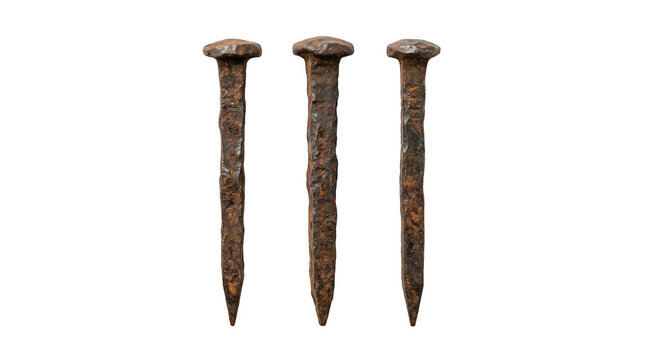 Three rusty old metal nails in a row isolated on transparent background