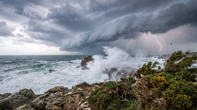 Galerna entrando por la costa con nubes amenazantes, olas gigantes y rayos, capturada desde un espectacular &aacute;ngulo contrapicado con un realismo cinematogr&aacute;fico impresionante.